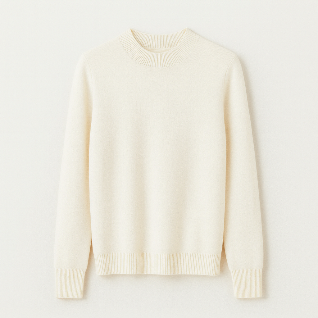 Pull en cachemire blanc cassé, col rond, manches longues, texture douce et élégante, idéal pour l'hiver, style minimaliste et intemporel.