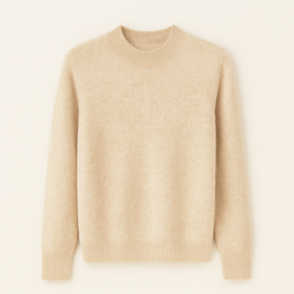 Pull en laine beige pour femme, col rond, manches longues, style décontracté. Mode automne-hiver, vêtement chaud et confortable.