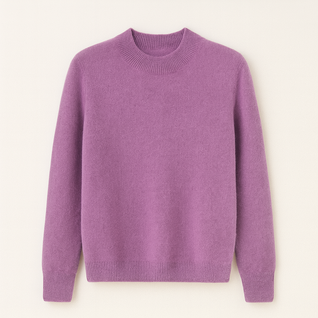 Pull en cachemire violet pour femme, col rond, manches longues, texture douce et luxueuse, mode automne-hiver, vêtement chaud et élégant.