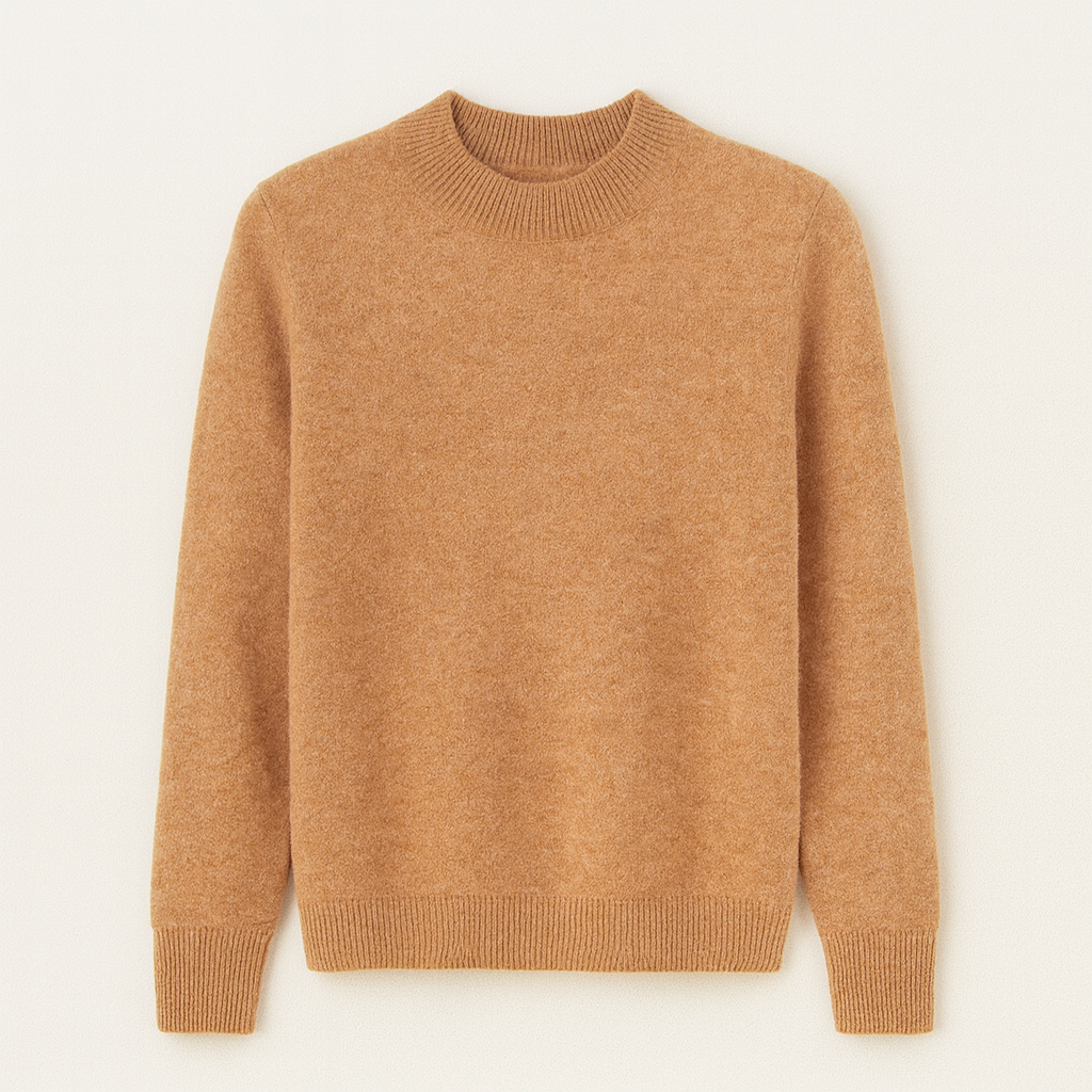 Pull en laine marron clair, col rond, manches longues, texture douce et chaude. Mode automne-hiver, vêtement confortable et élégant pour homme ou femme.
