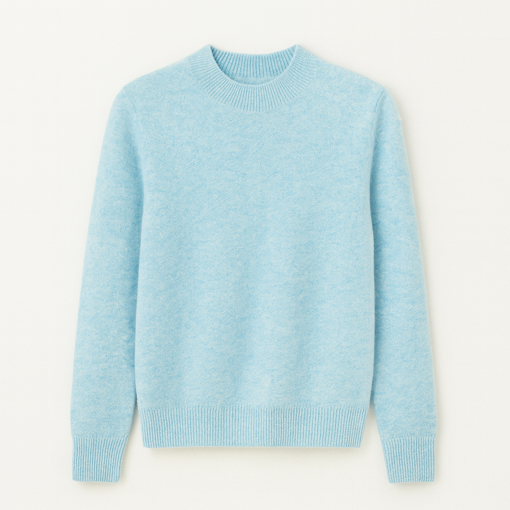 Pull en cachemire bleu clair, col rond, manches longues, texture douce. Mode hiver, vêtement chaud, style élégant et confortable.