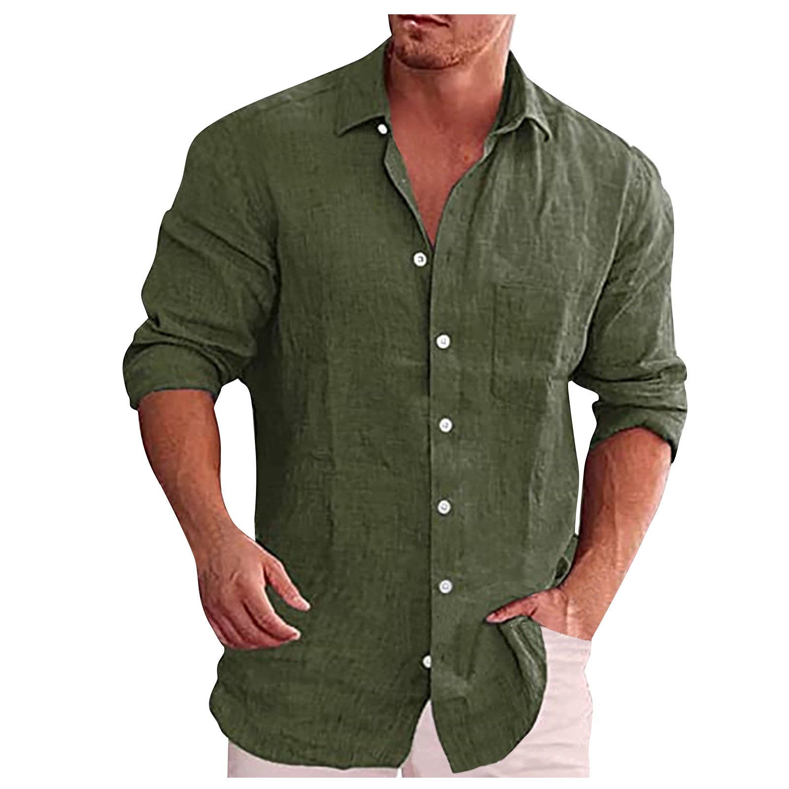 Chemise en lin vert pour homme, manches longues, col classique, boutons blancs, style décontracté, idéale pour mode estivale et élégance décontractée.