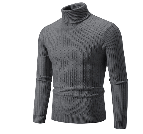 Pull-over col roulé gris en maille torsadée, manches longues, style élégant et moderne, idéal pour l'hiver et la mode masculine.