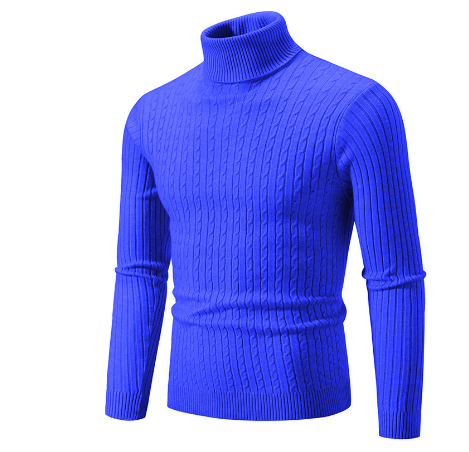 Pull col roulé bleu électrique en maille torsadée, manches longues, style moderne et élégant, idéal pour l'hiver et la mode masculine tendance.