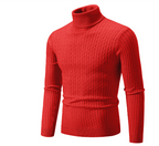 Pull col roulé rouge en maille torsadée, manches longues, style élégant et moderne, idéal pour l'hiver et la mode masculine.