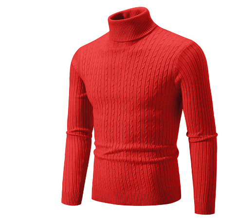 Pull col roulé rouge en maille torsadée, manches longues, style élégant et moderne, idéal pour l'hiver et la mode masculine.