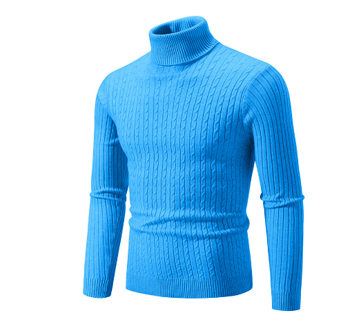 Pull bleu col roulé en maille torsadée, manches longues, style élégant et moderne, idéal pour l'hiver. Mode homme, vêtement chaud et confortable.
