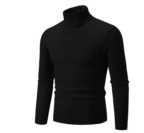 Pull col roulé noir en maille torsadée, manches longues, style élégant et moderne, idéal pour l'hiver et la mode masculine.