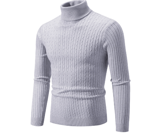 Pull col roulé gris clair en maille torsadée, manches longues, style élégant et moderne, idéal pour l'hiver et la mode masculine.
