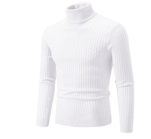 Pull-over col roulé blanc en maille torsadée pour homme, manches longues, style élégant et moderne, idéal pour l'hiver et les occasions formelles.