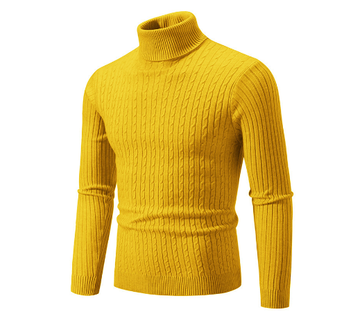 Pull col roulé jaune moutarde en maille torsadée pour homme, manches longues, style élégant et moderne, idéal pour l'automne et l'hiver.