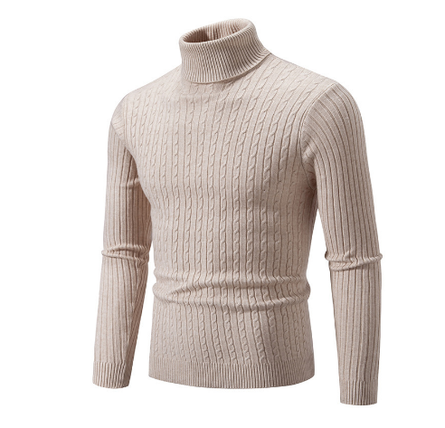 Pull col roulé beige en maille torsadée pour homme, manches longues, style élégant et chaud, idéal pour l'hiver et la mode décontractée.
