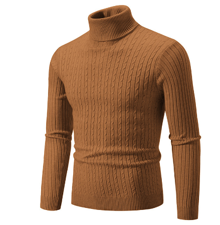 Pull col roulé marron en maille torsadée, manches longues, style élégant et chaud, idéal pour l'hiver et la mode masculine.