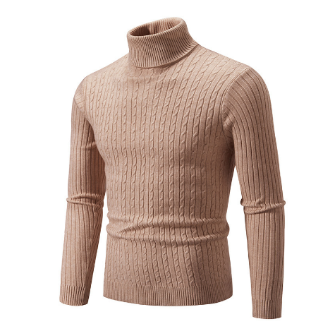 Pull col roulé beige en maille torsadée, manches longues, style élégant et confortable, idéal pour l'hiver et la mode automne-hiver.