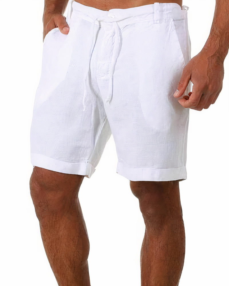Short blanc en lin pour homme, style décontracté, avec cordon de serrage et poches latérales. Idéal pour l'été et les vacances à la plage.