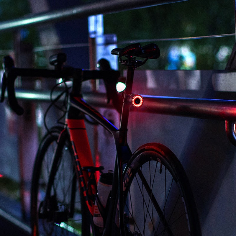 Vélo de route noir avec feux arrière LED rouges, garé sur un pont la nuit. Éclairage urbain, cyclisme nocturne, sécurité vélo.