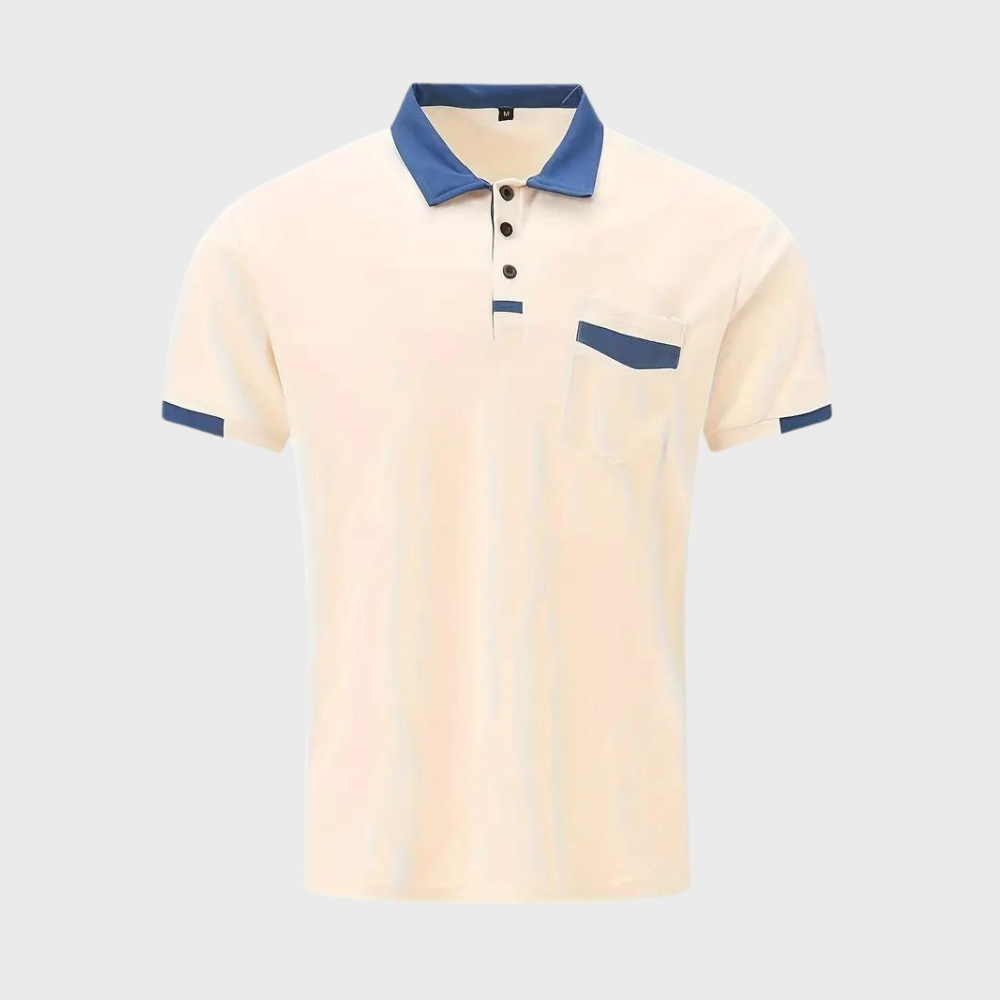 Polo blanc à manches courtes avec col et bordures bleus, poche poitrine, style décontracté pour homme. Mode élégante et tendance.