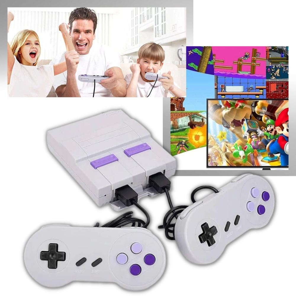 Console rétro avec deux manettes blanches, famille jouant à des jeux vidéo classiques, captures d'écran de jeux rétro populaires, ambiance nostalgique.