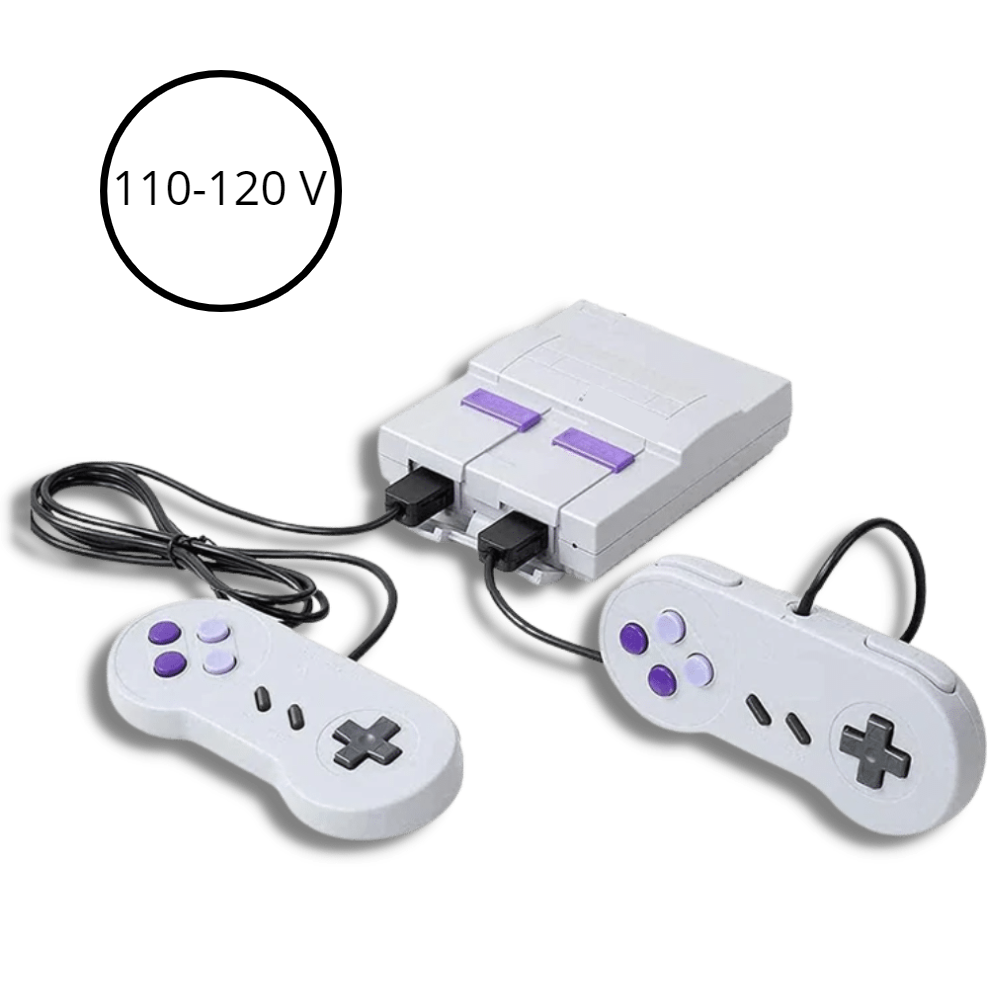 Console rétro avec deux manettes blanches, câbles connectés. Design inspiré des années 90, idéale pour jeux vidéo classiques et nostalgie gaming.