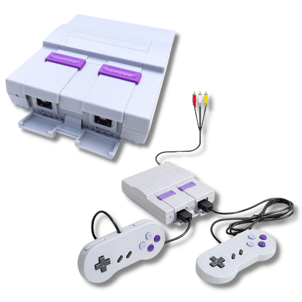 Console rétro Super Nintendo avec deux manettes et câbles AV. Design classique gris et violet, idéal pour les jeux vidéo vintage.