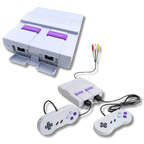 Console rétro Super Nintendo avec deux manettes et câbles AV. Design classique gris et violet, idéal pour les jeux vidéo vintage.