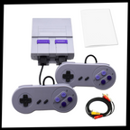 Console rétro Super Nintendo avec deux manettes classiques, câbles AV et manuel. Jeu vidéo vintage, nostalgie gaming années 90.