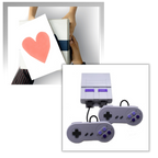 Console rétro Super Nintendo avec deux manettes grises, cadeau emballé avec carte cœur. Jeux vidéo classiques, nostalgie, divertissement vintage.