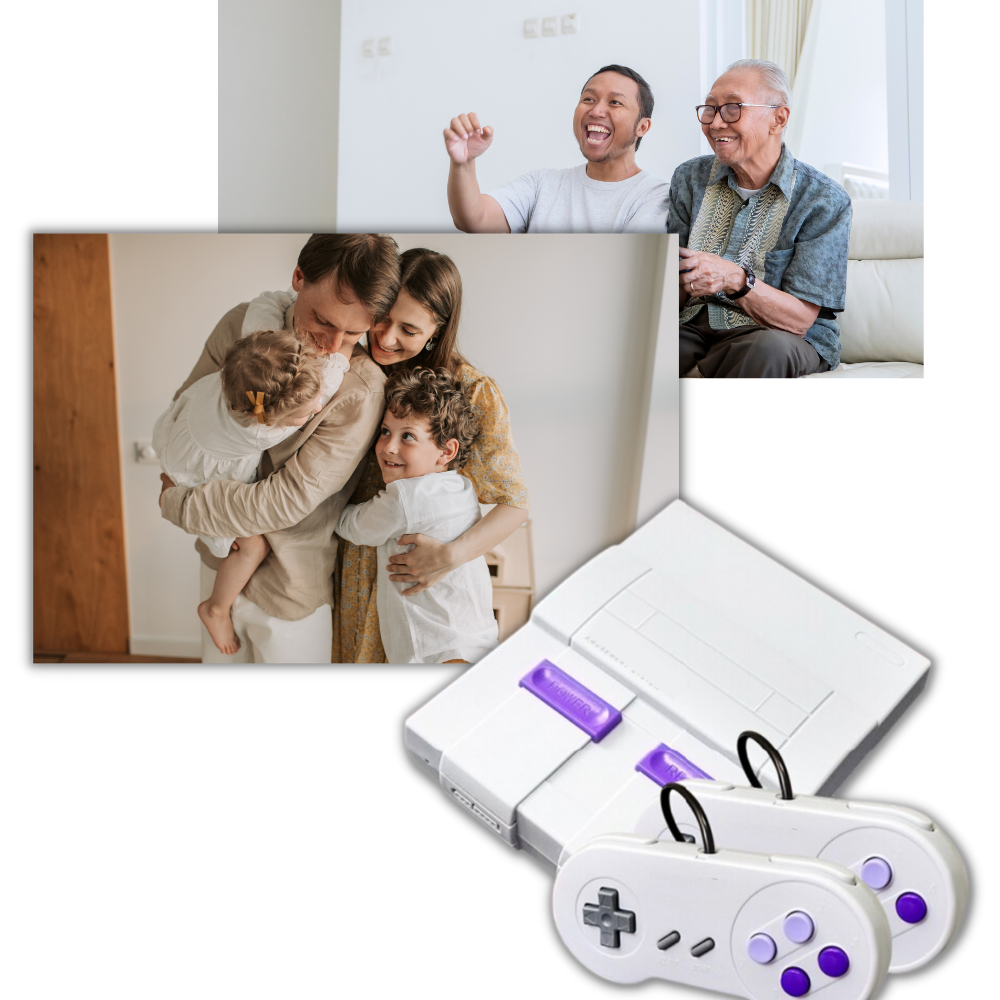 Console de jeu rétro Super Nintendo avec deux manettes, famille heureuse s'embrassant, deux hommes souriants assis ensemble.
