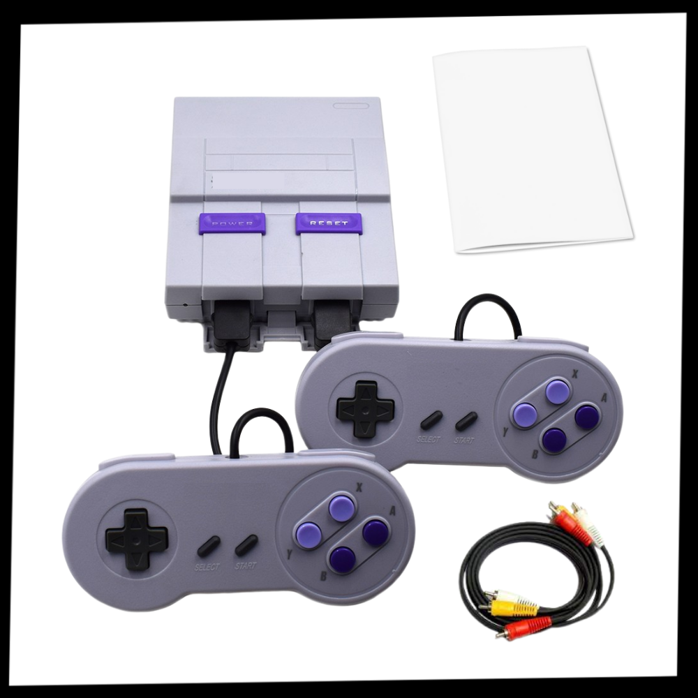 Console rétro Super Nintendo avec deux manettes classiques, câbles AV et manuel. Jeu vidéo vintage, nostalgie gaming années 90.