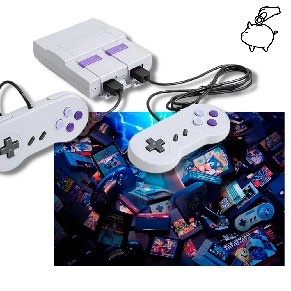 Console rétro Super Nintendo avec deux manettes, entourée de cartouches de jeux classiques. Accessoires de jeu vintage, nostalgie années 90.
