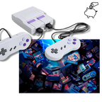 Console rétro Super Nintendo avec deux manettes, entourée de cartouches de jeux classiques. Accessoires de jeu vintage, nostalgie années 90.