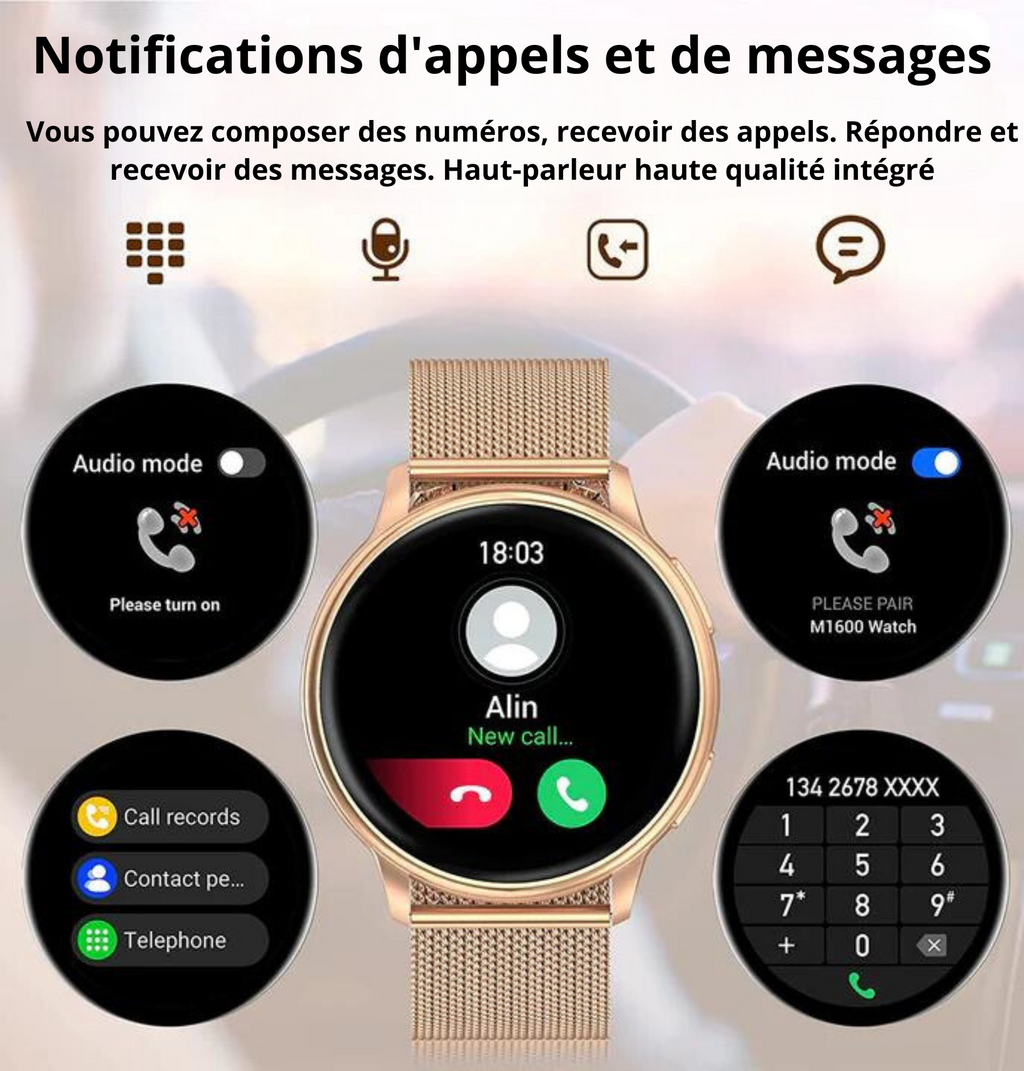 Montre connectée avec notifications d'appels et messages, écran tactile affichant un appel entrant, cadran doré, fonctionnalités audio et numérotation.