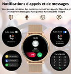 Montre connectée avec notifications d'appels et messages, écran tactile affichant un appel entrant, cadran doré, fonctionnalités audio et numérotation.