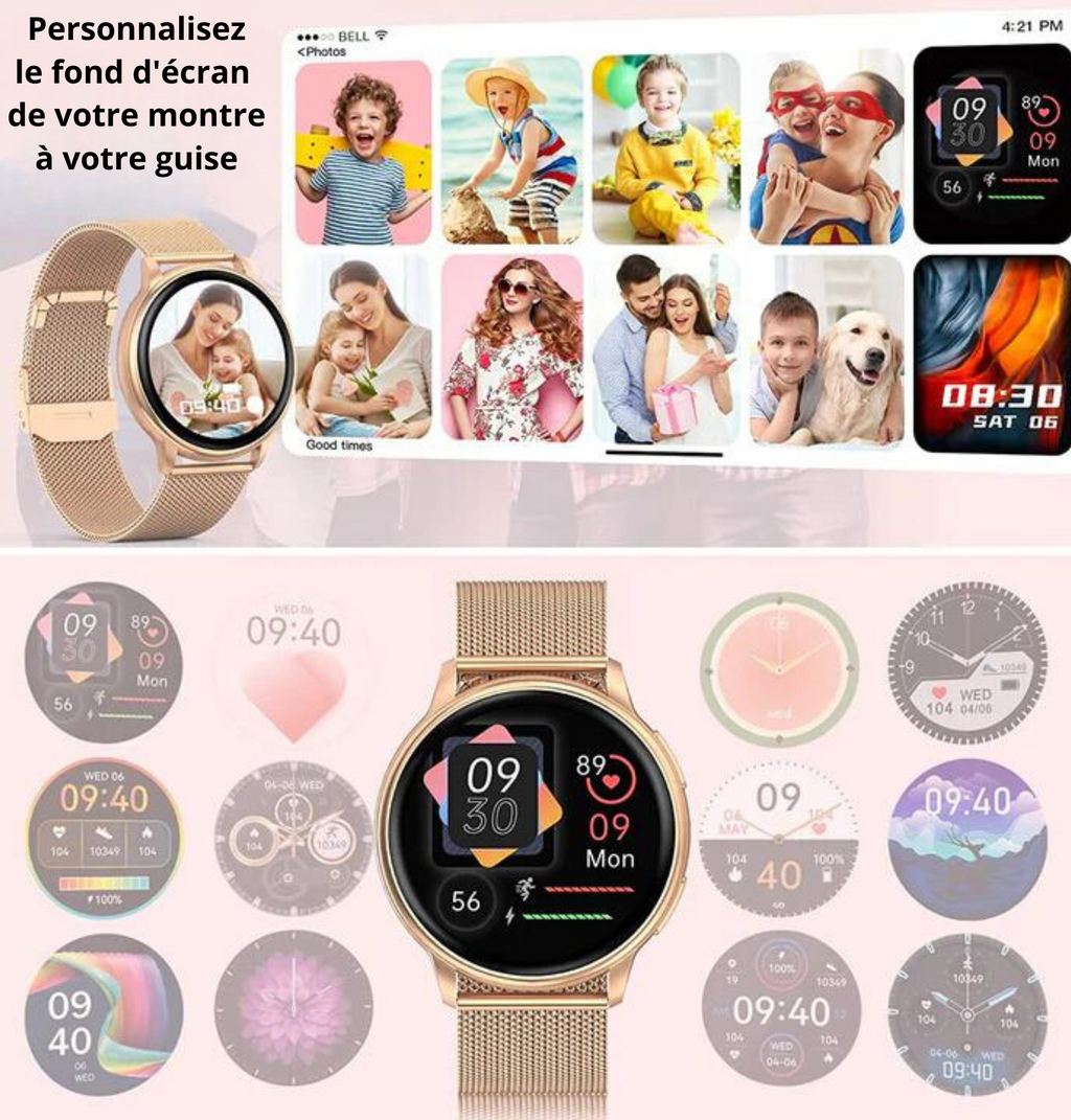 Montre connectée avec écran personnalisable, affichant diverses interfaces et photos. Accessoire moderne pour homme et femme, technologie avancée.