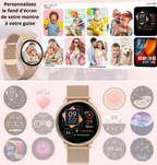 Montre connectée avec écran personnalisable, affichant diverses interfaces et photos. Accessoire moderne pour homme et femme, technologie avancée.