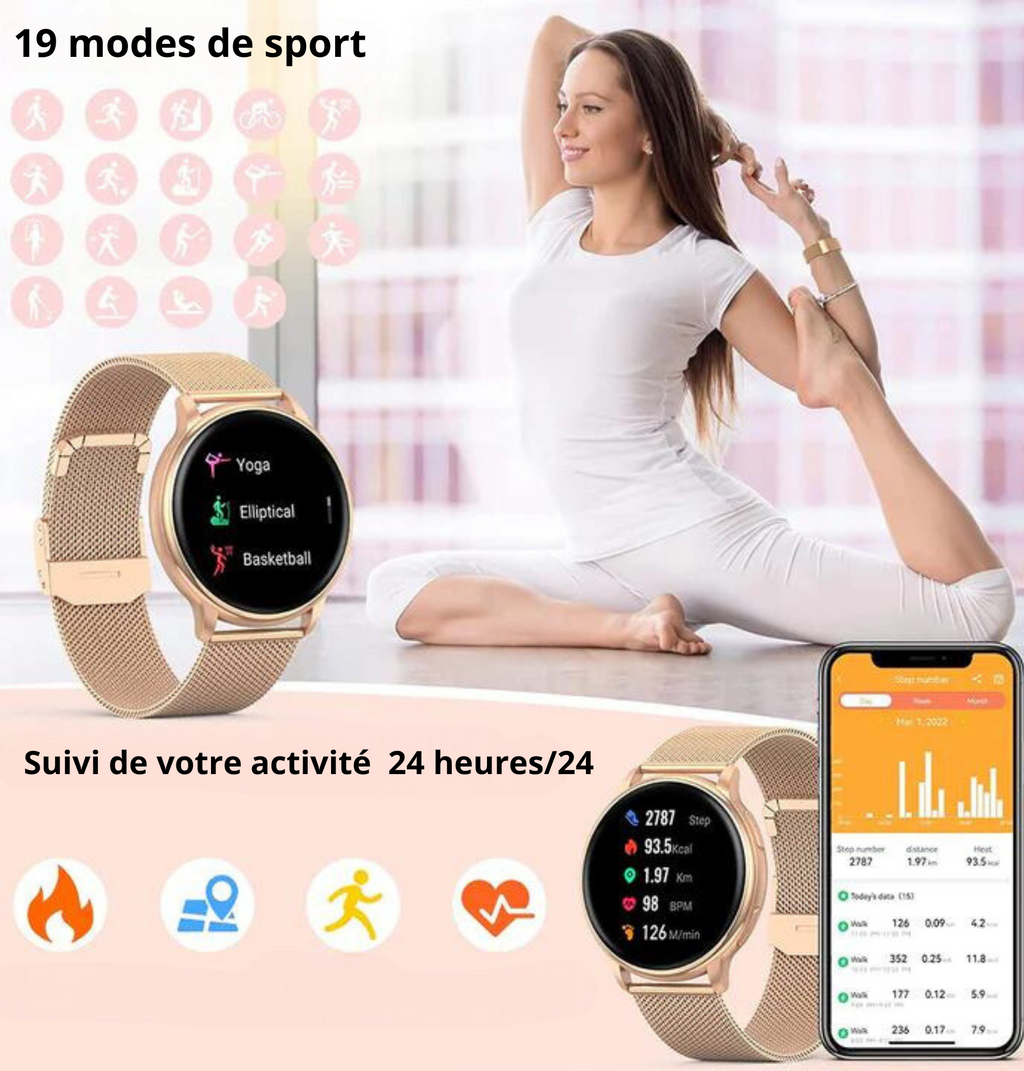 Femme faisant du yoga avec montre connectée or rose affichant 19 modes sport, suivi activité 24h/24. Application mobile visible. Fitness, bien-être.