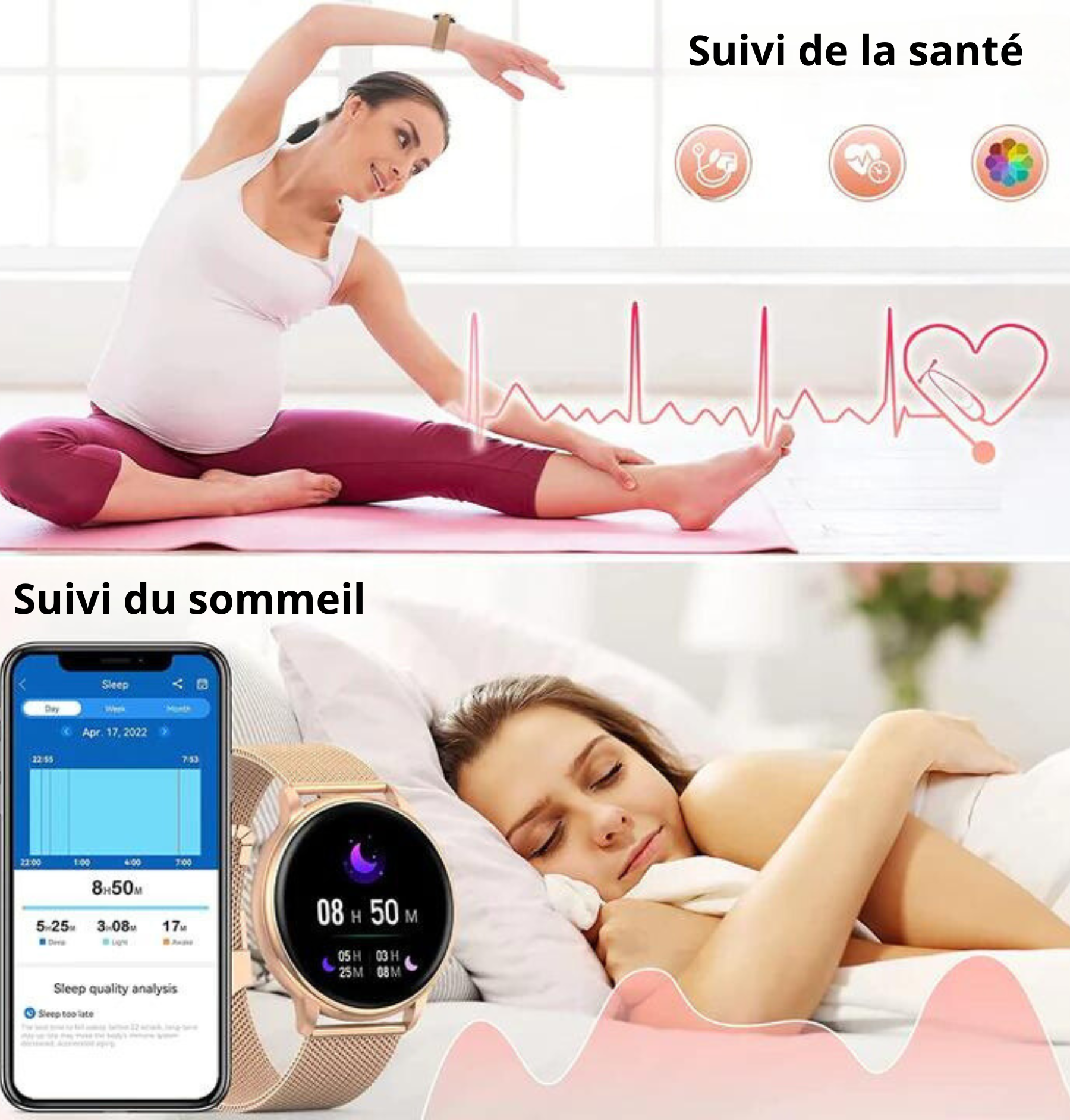 Femme enceinte faisant du yoga avec montre connectée pour suivi santé et sommeil, analyse cardiaque, bien-être, technologie portable.