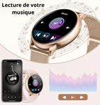 Montre connectée rose affichant une interface musicale, synchronisée avec un smartphone. Design élégant, technologie moderne, écoute musicale.