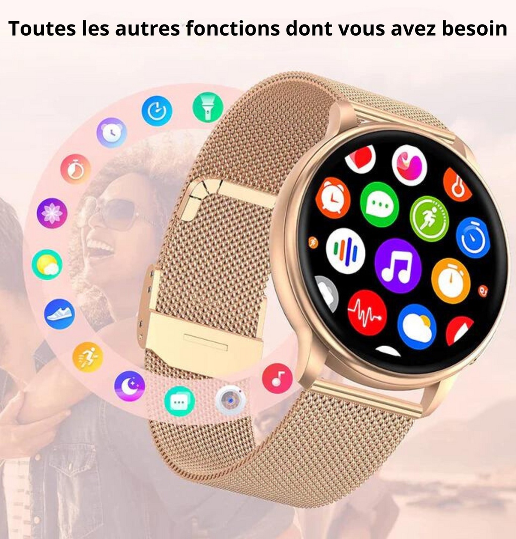 Montre connectée en or rose avec écran tactile affichant des icônes d'applications colorées, bracelet en maille, technologie moderne, accessoires mode.