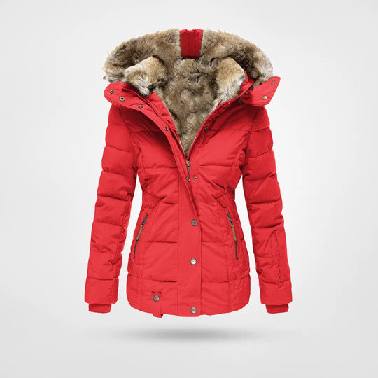 Veste d'hiver rouge pour femme avec capuche en fausse fourrure, fermeture éclair et boutons, idéale pour le froid. Mode féminine, manteau chaud.