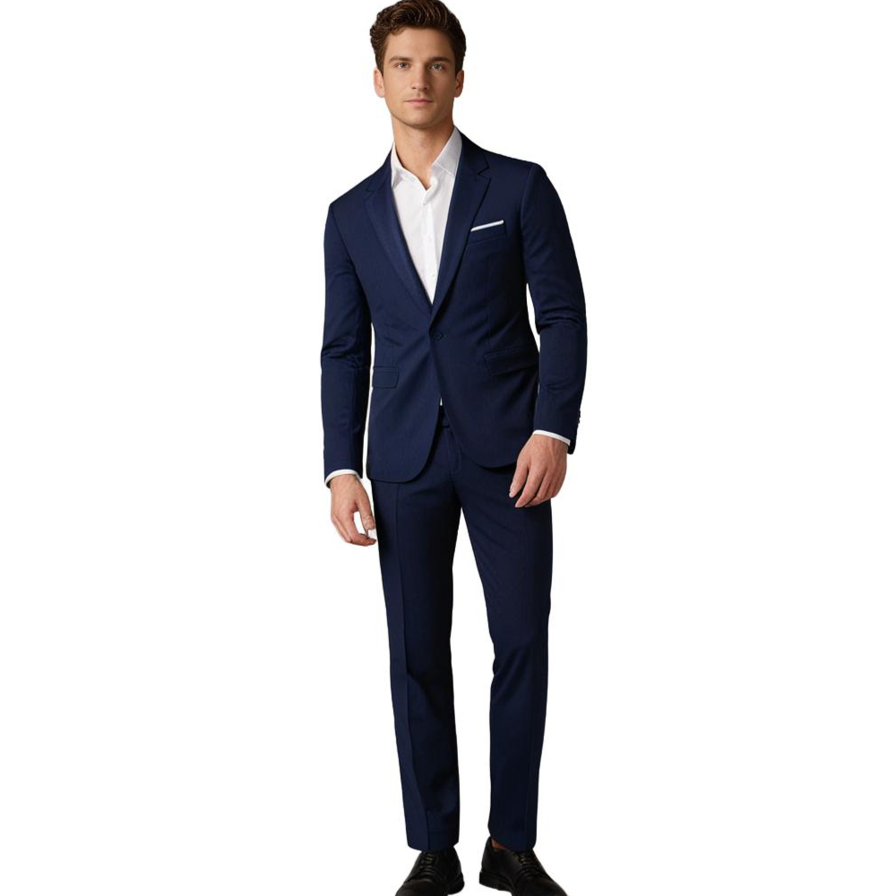Homme en costume bleu marine élégant, chemise blanche, chaussures noires. Mode masculine, tenue formelle, style professionnel.