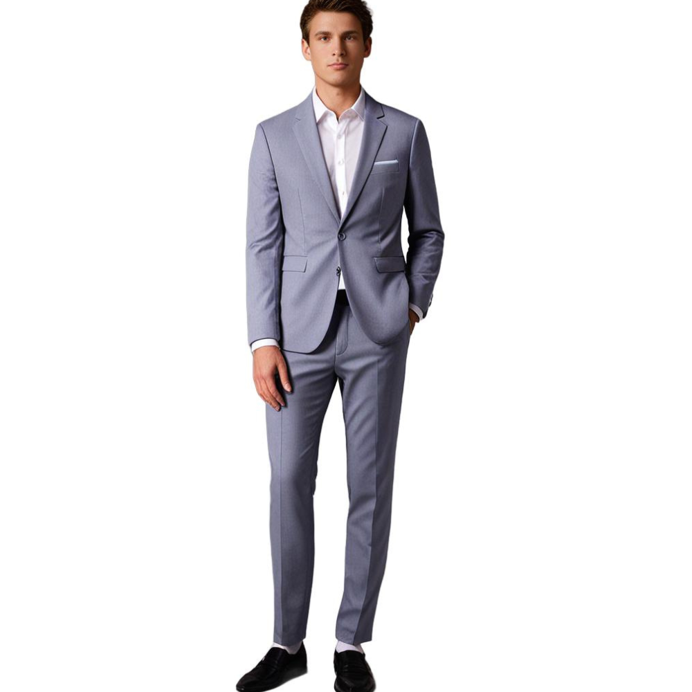 Homme en costume gris élégant, chemise blanche, chaussures noires. Mode masculine, tenue professionnelle, style formel, costume moderne.
