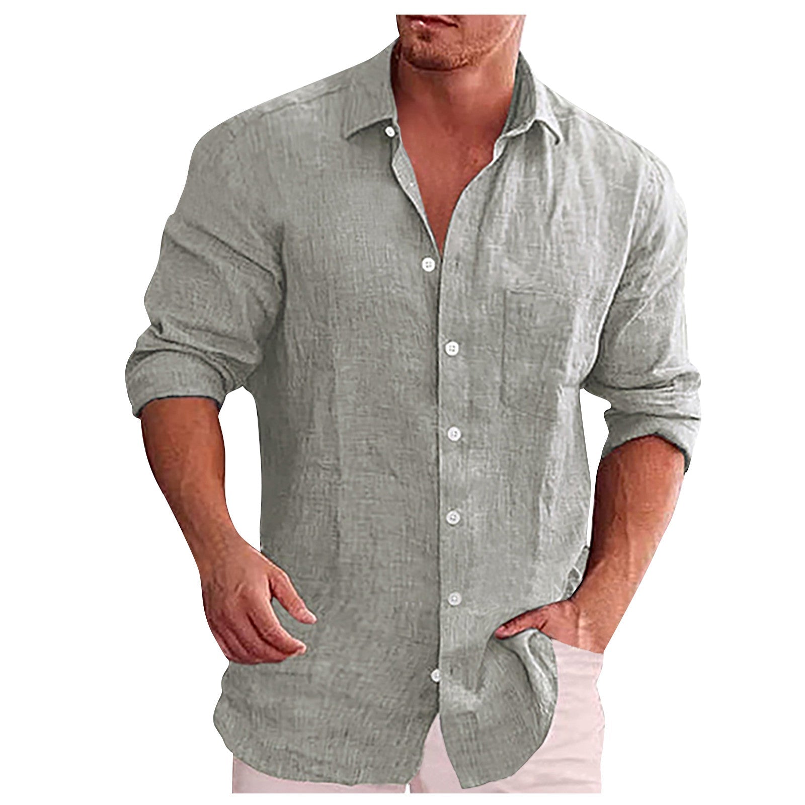 Chemise en lin gris clair pour homme, manches longues retroussées, col classique, boutons blancs, style décontracté et élégant.