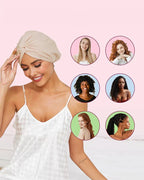 Femme souriante portant un turban beige, entourée de portraits de femmes aux coiffures variées. Mode, diversité, accessoires cheveux.