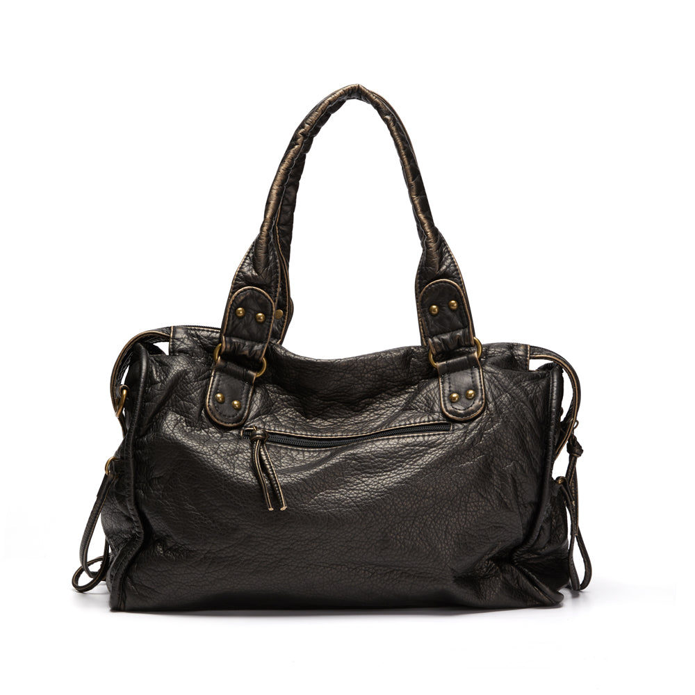 Sac à main en cuir noir élégant avec poignées robustes et détails dorés, idéal pour la mode féminine et le style urbain chic.