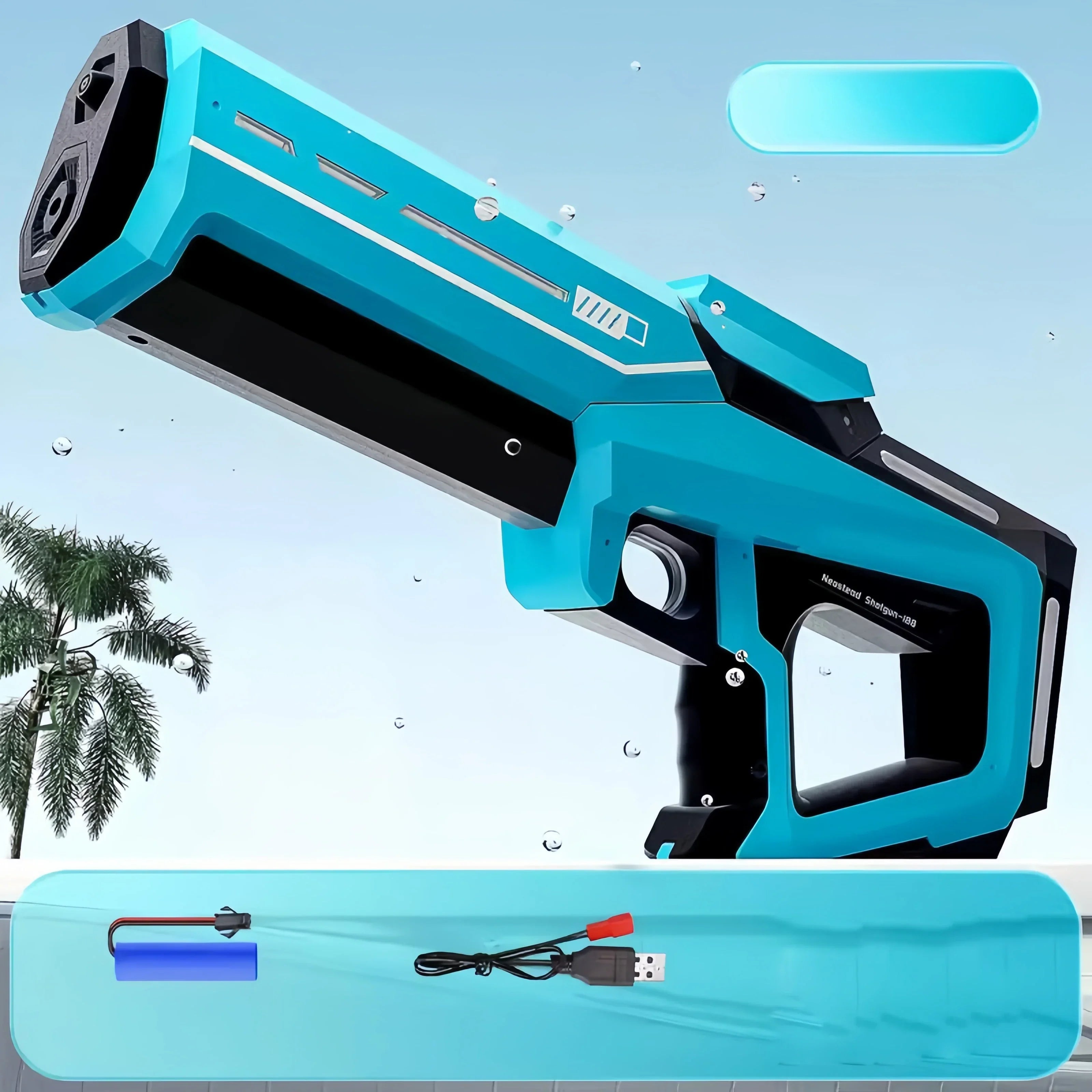 Pistolet à bulles bleu électrique avec batterie rechargeable et câble USB, fond ciel bleu, idéal pour jeux extérieurs et fêtes enfants.