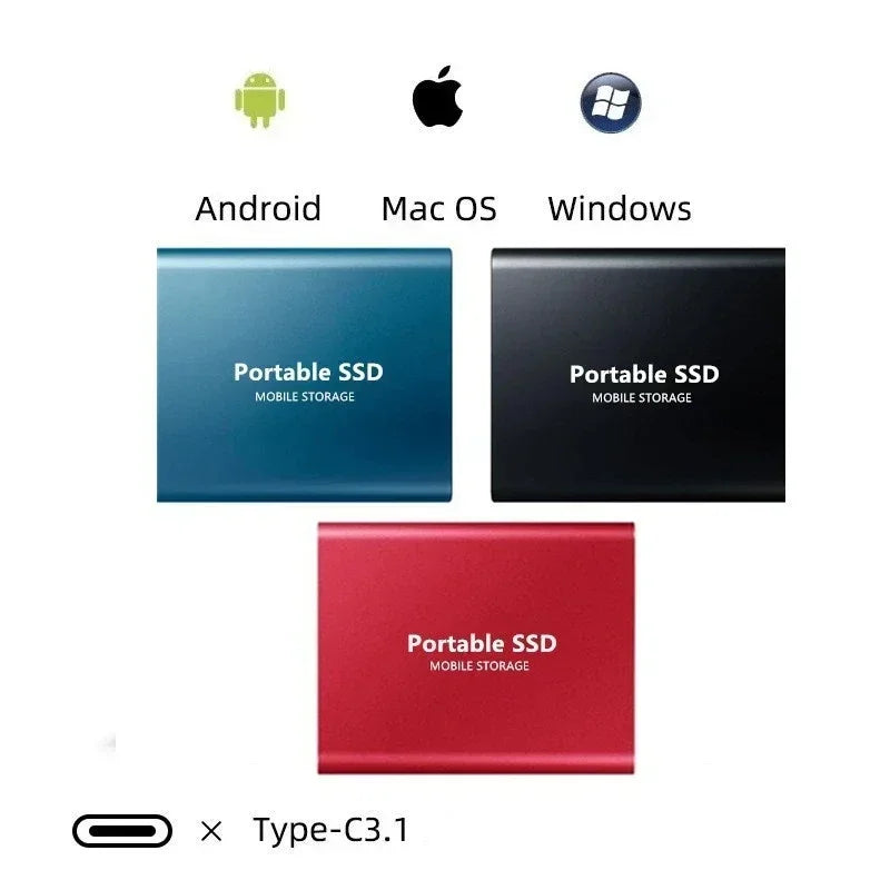 Trois disques SSD portables colorés (bleu, noir, rouge) compatibles Android, Mac OS, Windows, avec connectique USB Type-C 3.1.