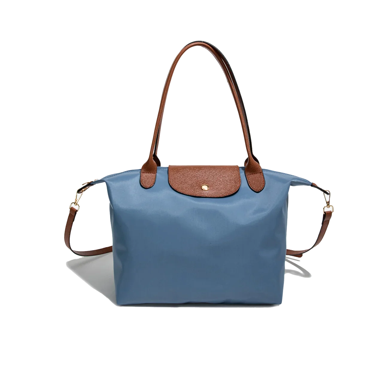 Sac à main bleu en toile avec anses et rabat en cuir marron, design élégant et pratique, idéal pour la mode féminine et le quotidien.