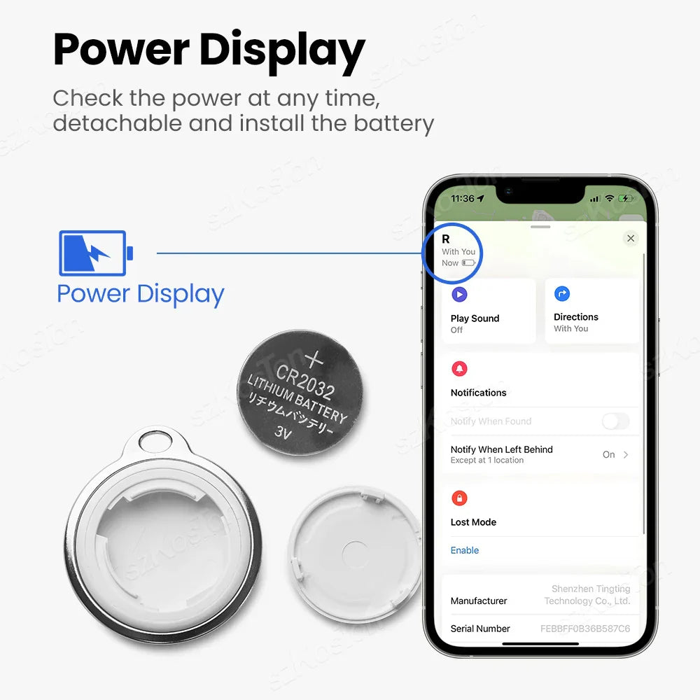 Affichage de la batterie CR2032 avec support détachable, illustré à côté d'un smartphone affichant l'application de gestion de l'alimentation.