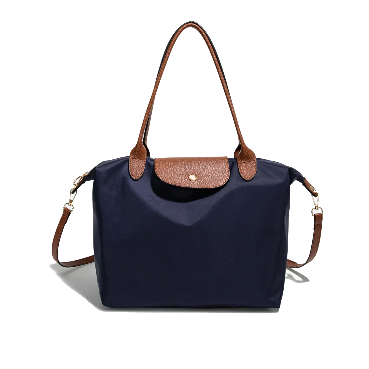Sac à main bleu marine avec poignées et rabat en cuir marron, design élégant et pratique, idéal pour la mode féminine et le quotidien.